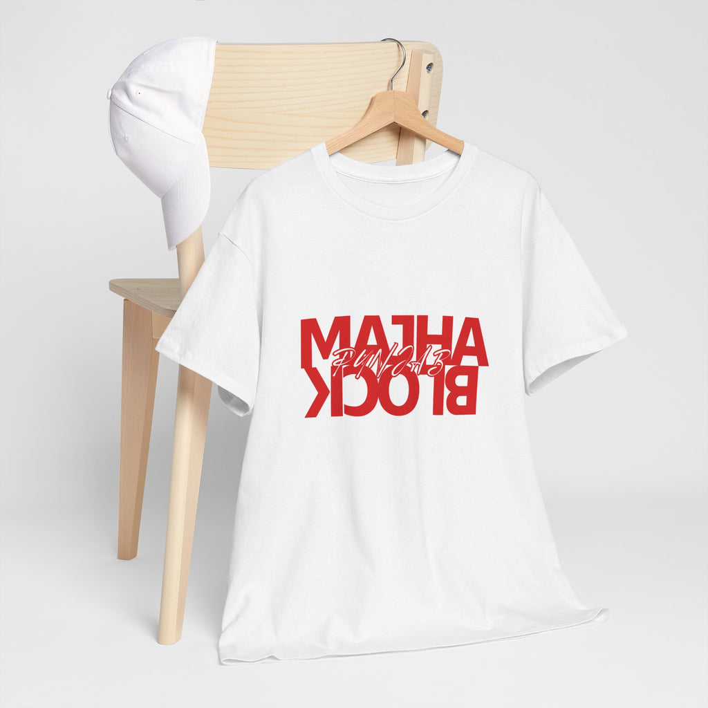 Graphic Tee — "Majha Block" Red Mirror Text Cotton T‑Shirt